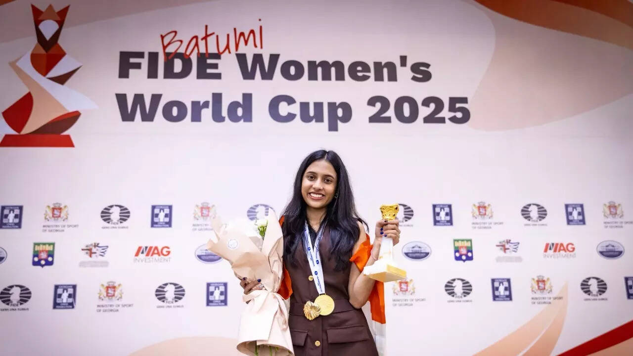 Divya Deshmukh celebrates her victory at the FIDE Women's Chess World Cup