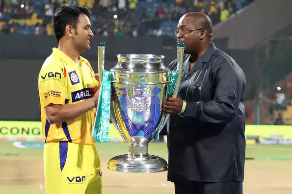 CSK celebrates their victory in the 2014 CLT20 final.